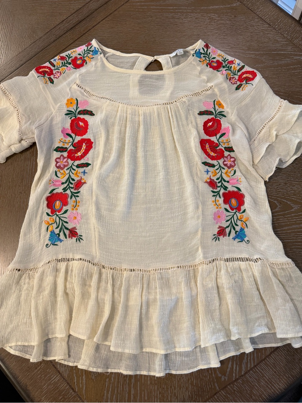 Umgee Cream Peasant Top with Multicolor Floral Embroidery -size M